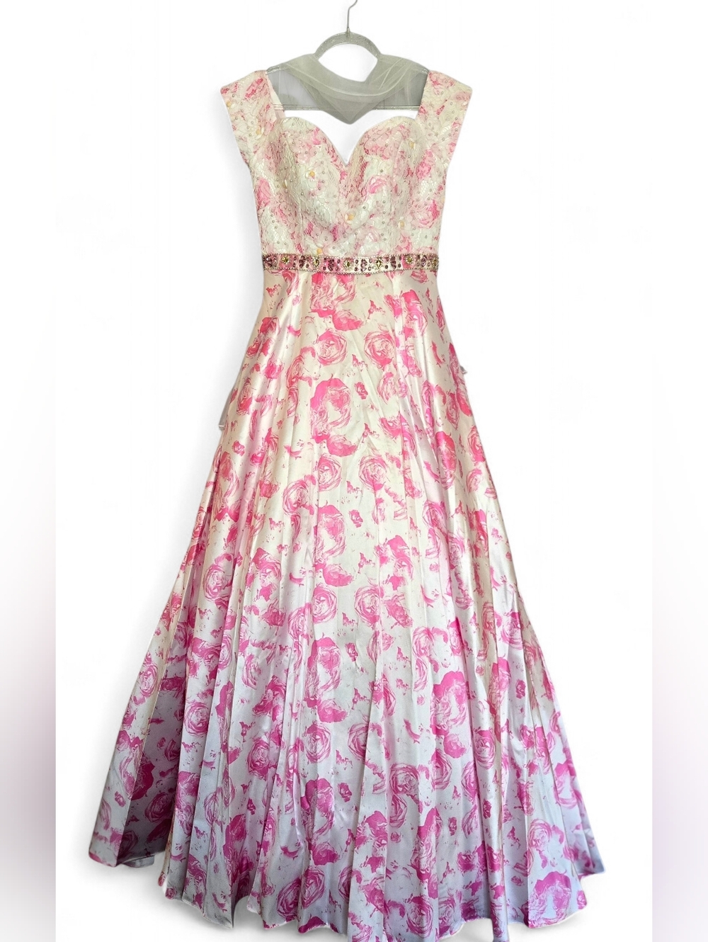 Pink and White Floral Ball Gown with Beaded Waist  (10)